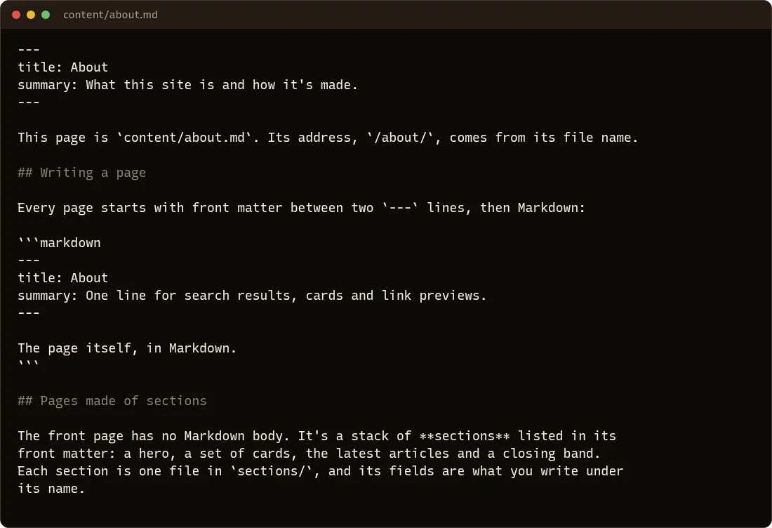 The file content/about.md: front matter with title and summary between two lines of three dashes, then the page in Markdown