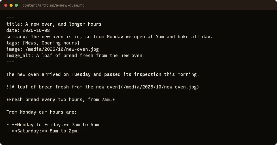 The file content/articles/a-new-oven.md: title, date, summary, tags, image and image_alt in the front matter, then the article