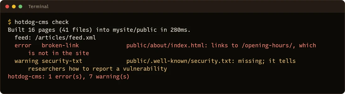 hotdog-cms check reporting an error: public/about/index.html links to /opening-hours/, which is not in the site, and ending 1 error(s)