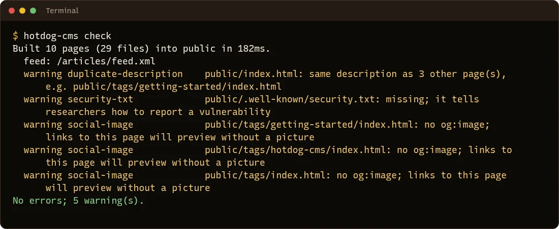 hotdog-cms check on the template: it built 10 pages, then lists five warnings, and ends No errors; 5 warning(s)