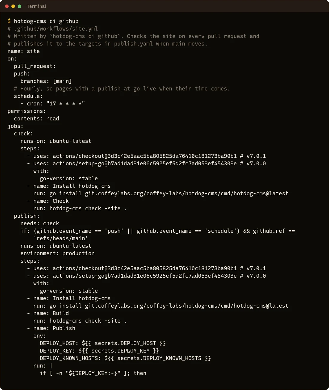 hotdog-cms ci github printing the pipeline: check the site on every pull request, publish when main moves, and rebuild hourly