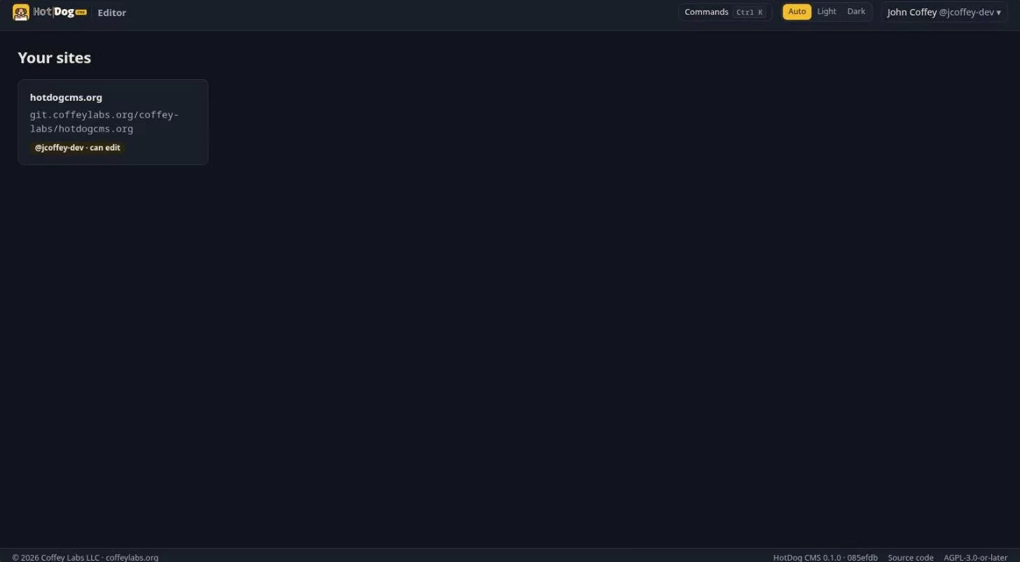 The editor's list of sites after signing in: one site, with the account that can edit it