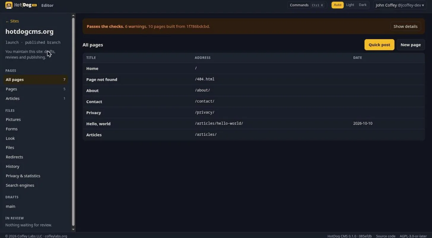 The site view: Passes the checks, the list of pages, and the menu with Pictures, Forms, Look, Files, Redirects, History, Privacy and statistics, and Search engines