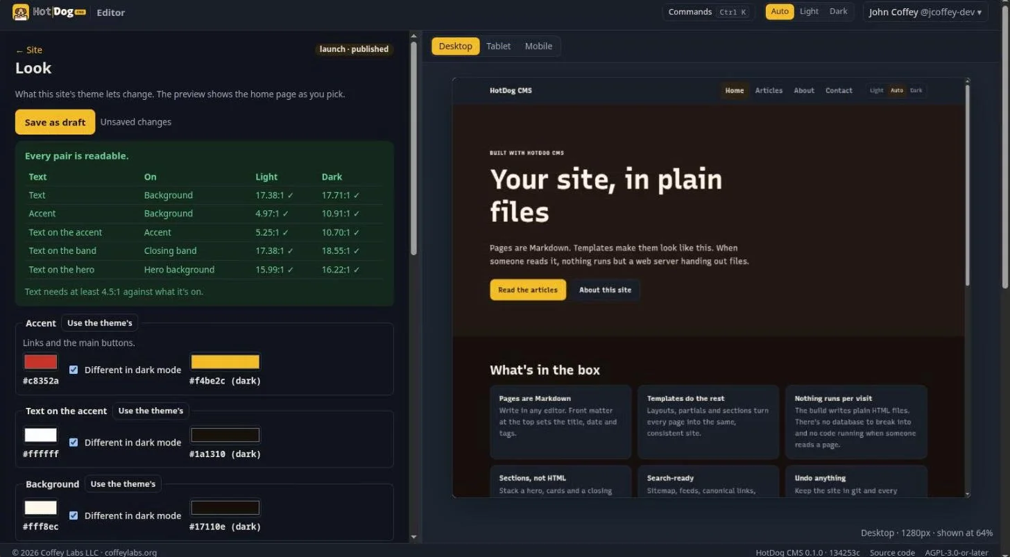 The Look panel: a table of color pairs with their contrast in light and dark mode, all readable, the color choices below, and the home page in the preview beside them