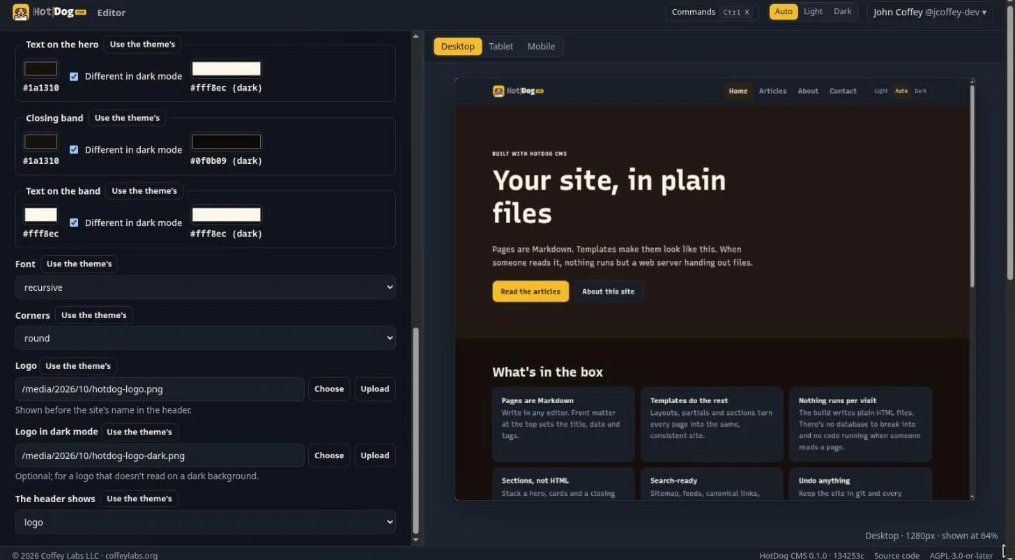 The rest of the Look panel: font, corners, the logo and the dark-mode logo with Choose and Upload buttons, and what the header shows