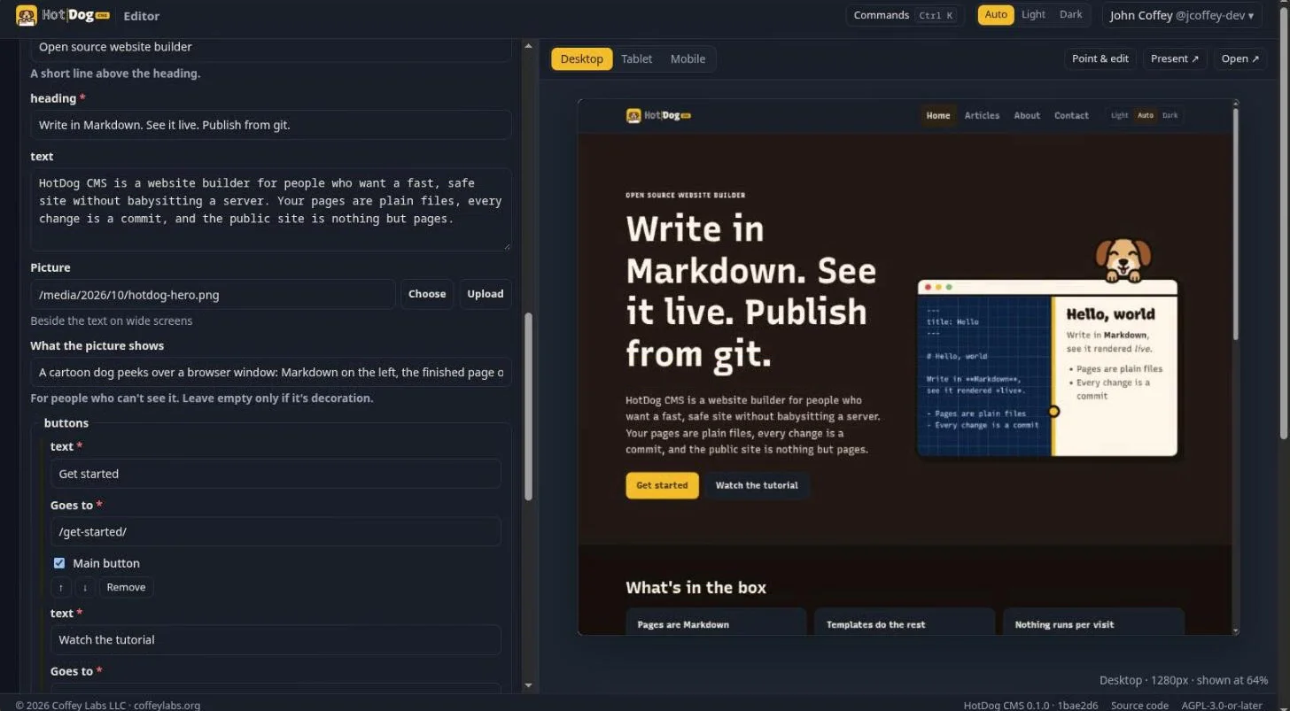The editor showing the hero section's form (a short line above, the heading, the text, a picture and two buttons) beside a live preview of the home page