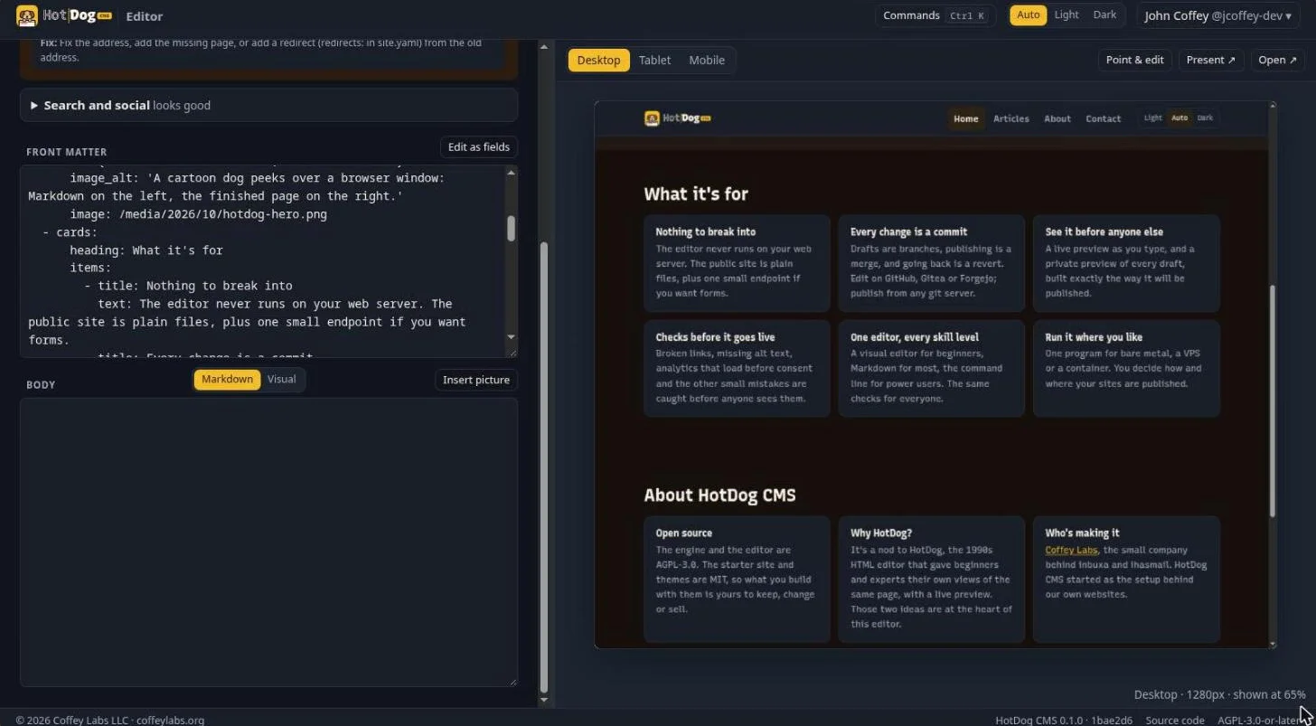 The page editor's front matter shown as YAML text, with the hero and cards sections