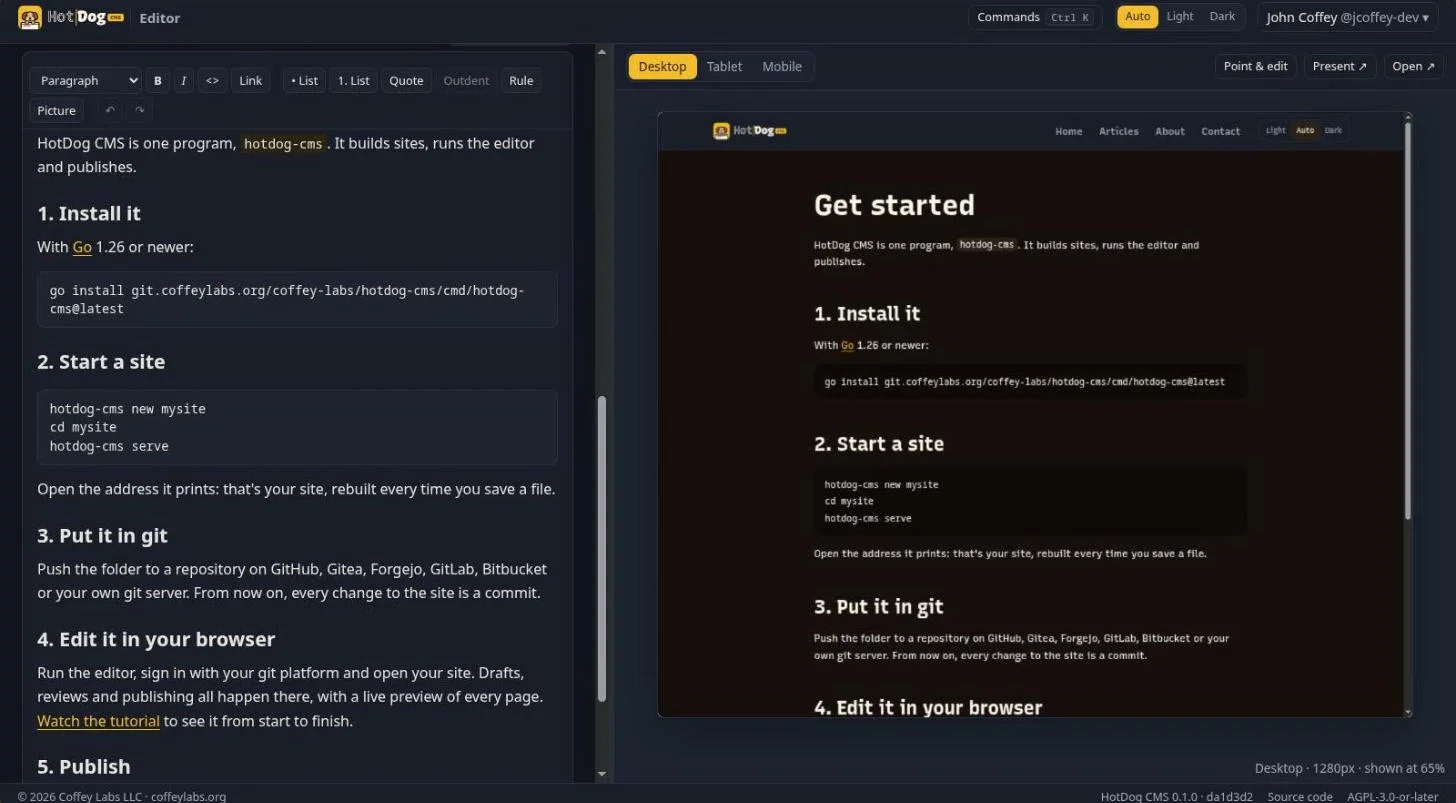 The visual editor with a toolbar above the Get started page, beside its preview