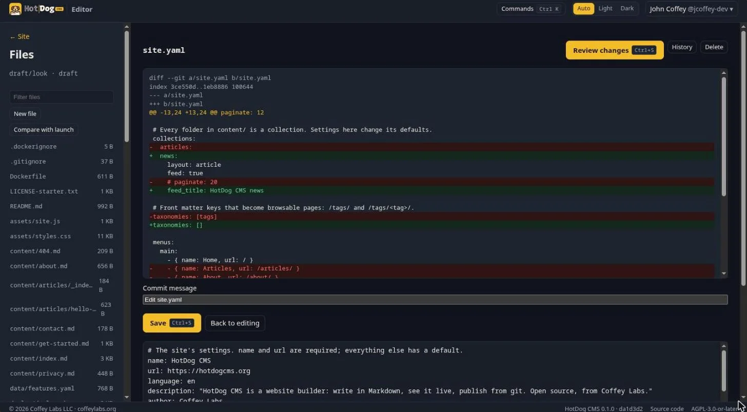 Files: the list of the site's files on the left, and site.yaml's changes shown as a diff before saving