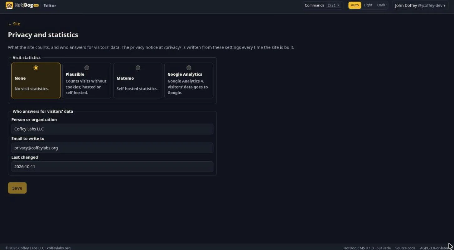 Privacy and statistics: choose None, Plausible, Matomo or Google Analytics, then who answers for visitors' data, their email and when the notice last changed