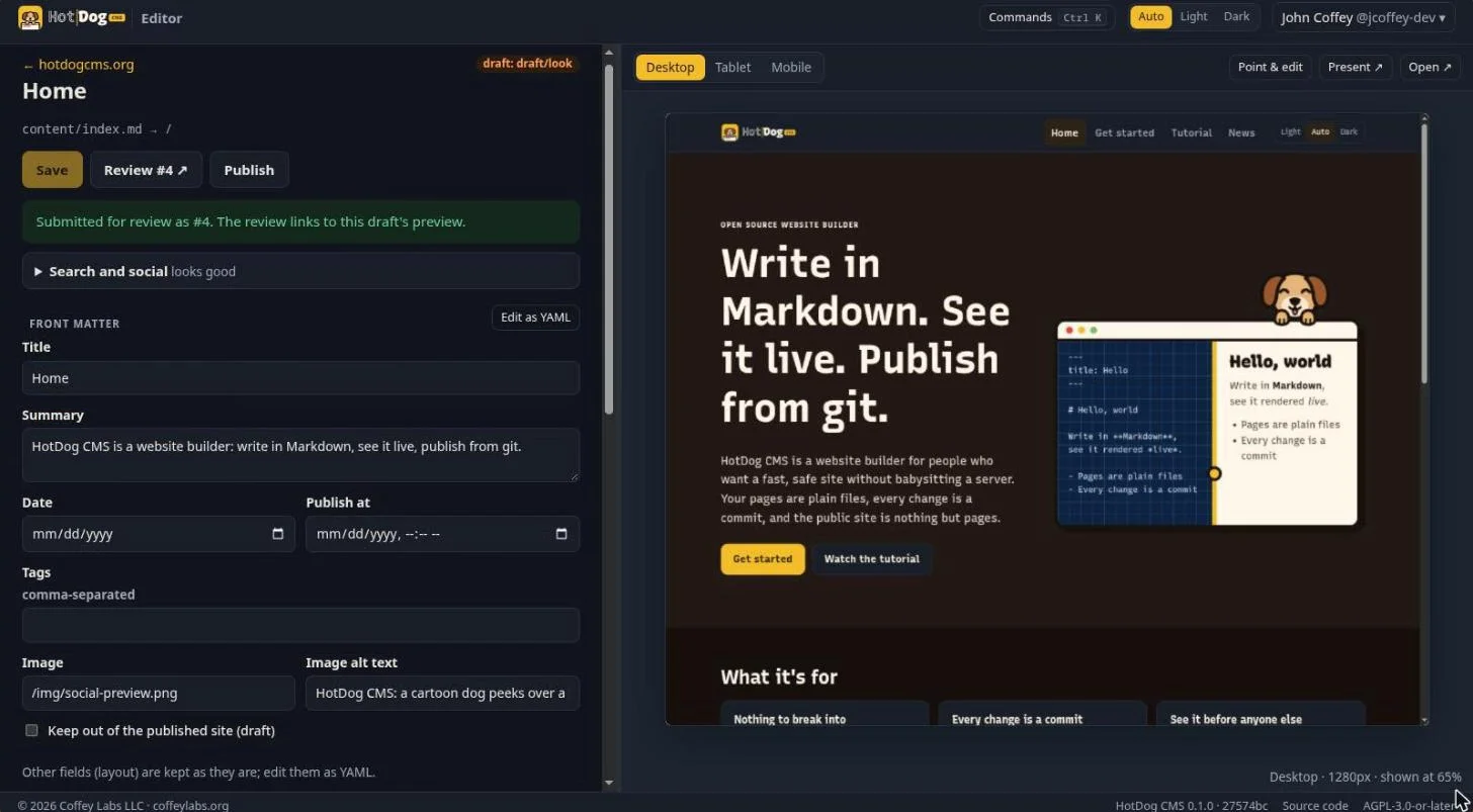 The page editor: the page's settings on the left (title, summary, date, publish at, tags, picture) beside a live preview of the page