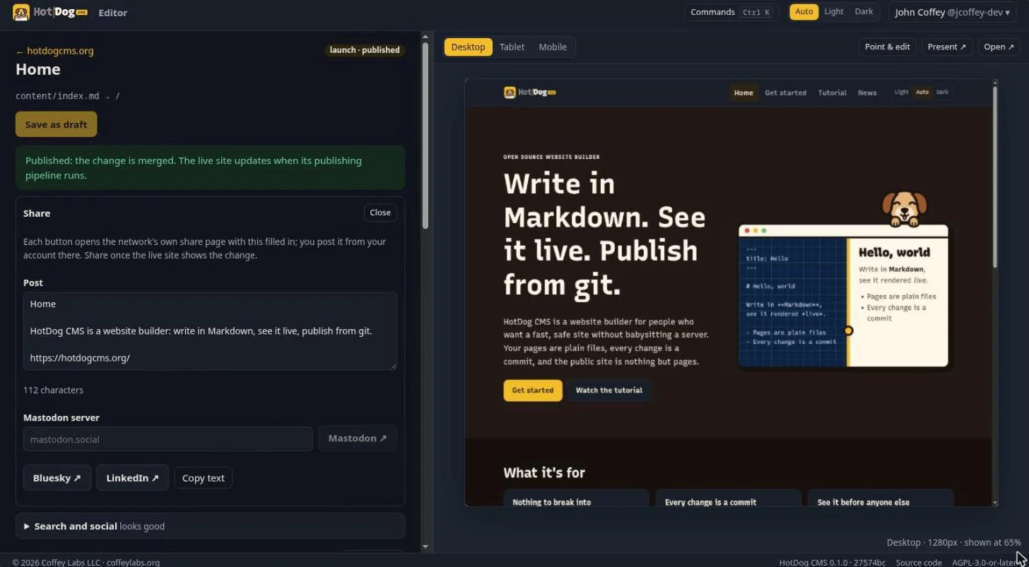 Published: the change is merged, and the live site updates when its publishing pipeline runs. Below, the Share panel
