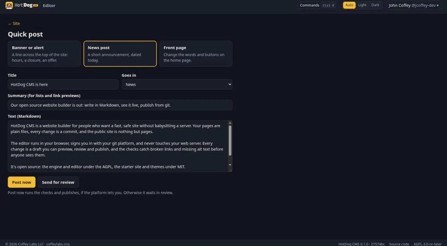 The Quick post screen: Banner or alert, News post and Front page across the top, then the title, where it goes, a summary and the text, with Post now and Send for review buttons