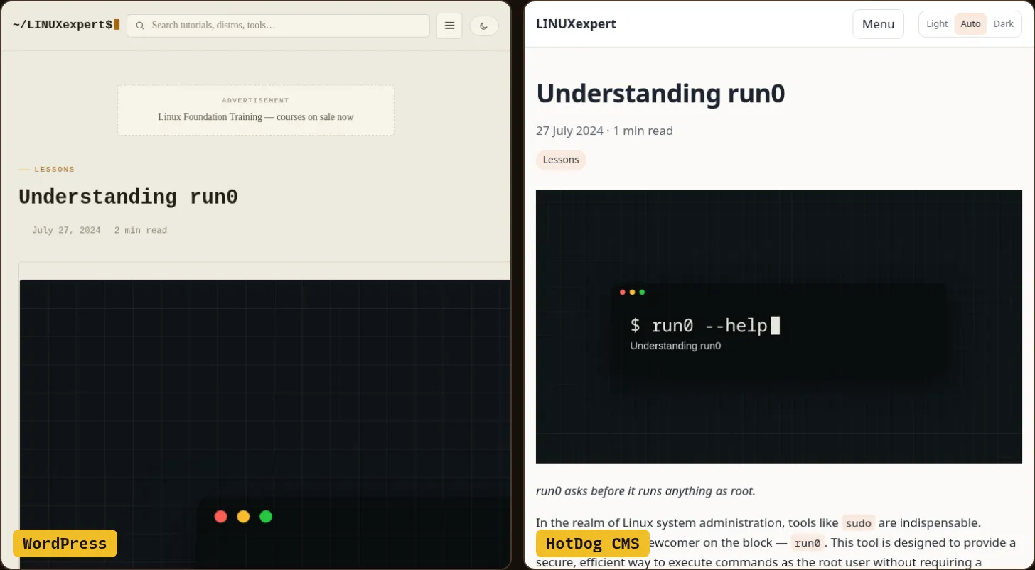 The same article on the old WordPress site and on the new HotDog site, side by side
