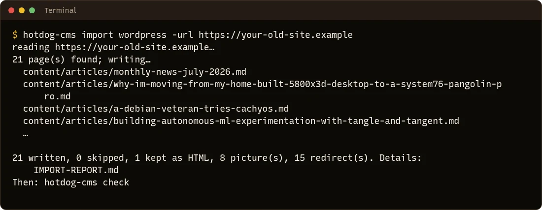 hotdog-cms import wordpress: 21 pages found and written, 1 kept as HTML, 8 pictures and 15 redirects, with the details in IMPORT-REPORT.md