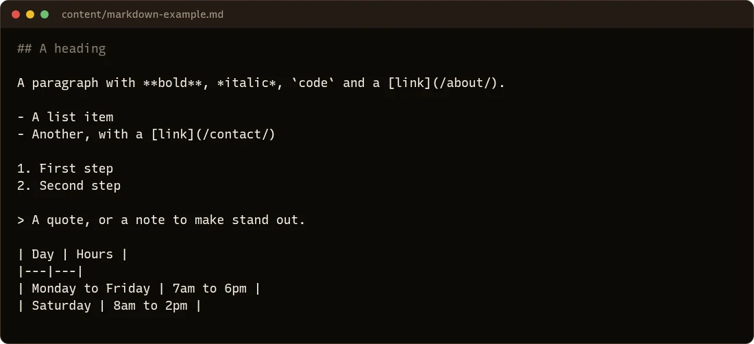 Markdown source: a heading, a paragraph with bold, italic, code and a link, a list, a numbered list, a quote and a table