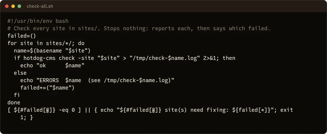 check-all.sh: a loop over every site in sites/, running hotdog-cms check on each and collecting the ones that fail