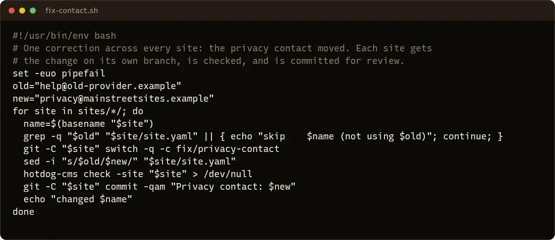 fix-contact.sh: for every site using the old address, make a branch, replace the address in site.yaml, check the site, and commit