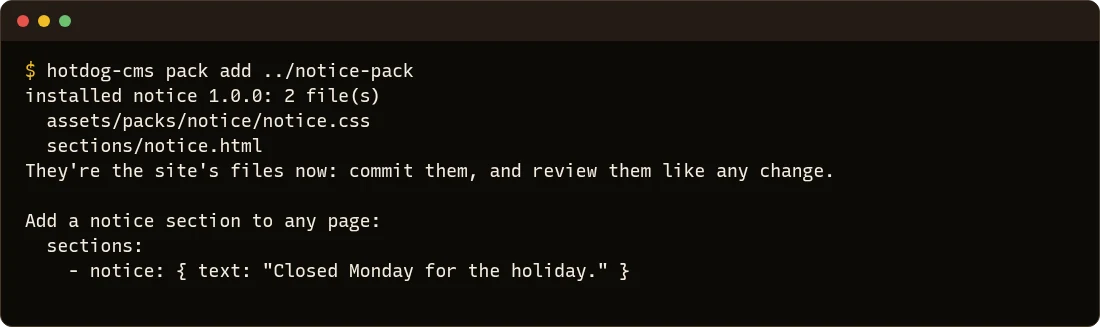 hotdog-cms pack add: installed notice 1.0.0, the two files it added, and the pack's notes