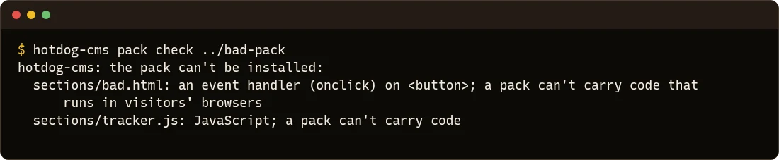 hotdog-cms pack check on a pack with a click handler and a JavaScript file: the pack can't be installed, with the reason for each file