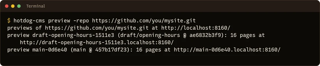 hotdog-cms preview: previews at http://localhost:8160, one for draft/opening-hours and one for main, each with its own address
