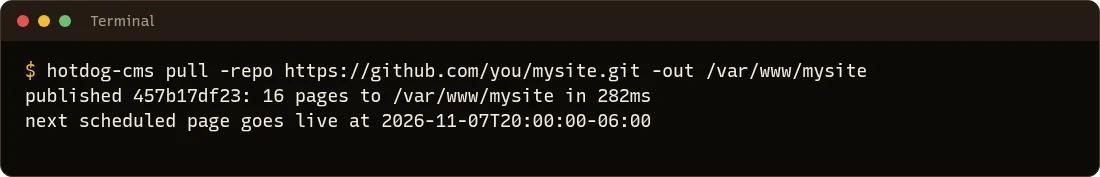 hotdog-cms pull publishing the site: published 16 pages to /var/www/mysite, and when the next scheduled page goes live