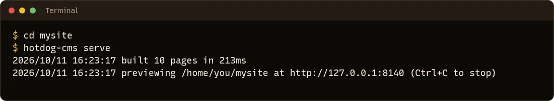 The terminal after hotdog-cms serve: it built 10 pages and is previewing the site at http://127.0.0.1:8140