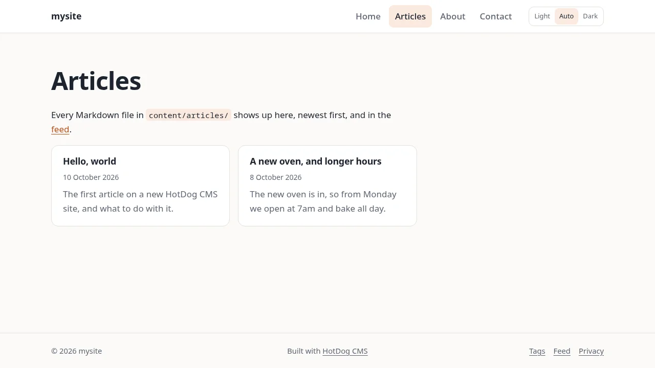 The articles page: a card for each article with its title, date and summary, newest first