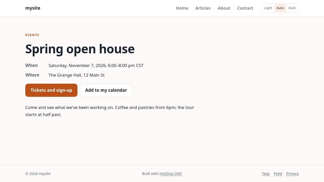 The event's page: its title, when and where, a Tickets and sign-up button and an Add to my calendar button