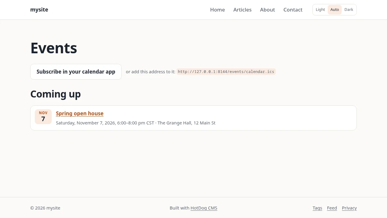 The events page: a Subscribe in your calendar app button, and the open house under Coming up