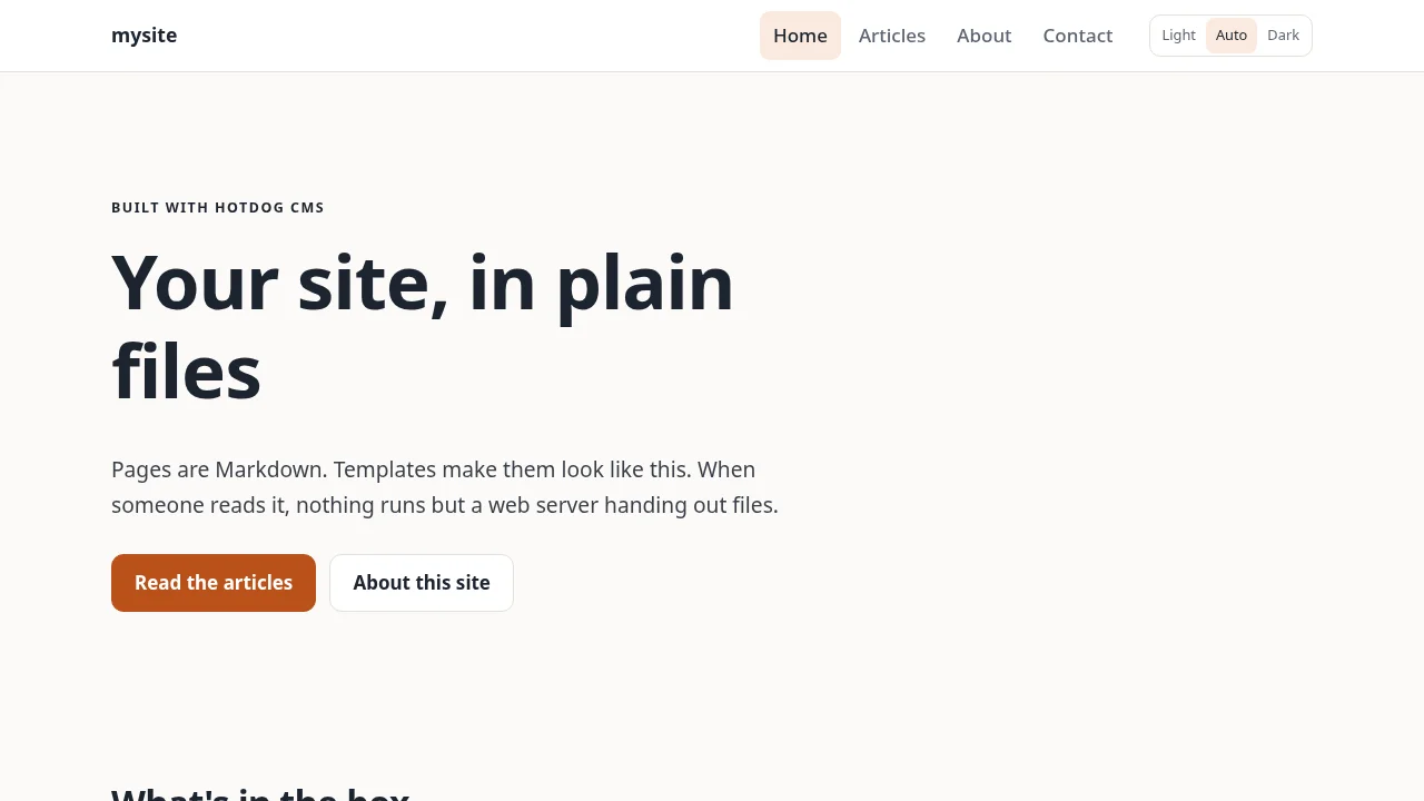 The site's header with the main menu: Home, Articles, About and Contact, and the light and dark switch