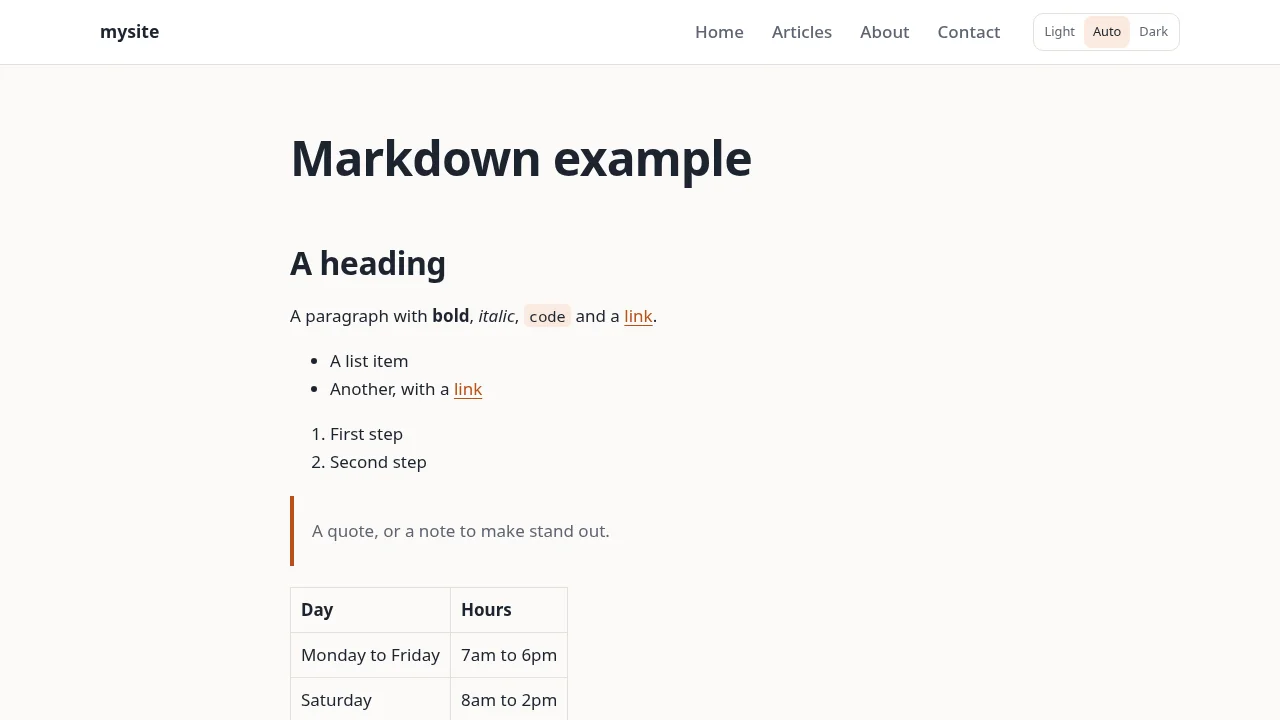 The same page on the site: a heading, formatted text, two lists, a quote with a colored bar and a table