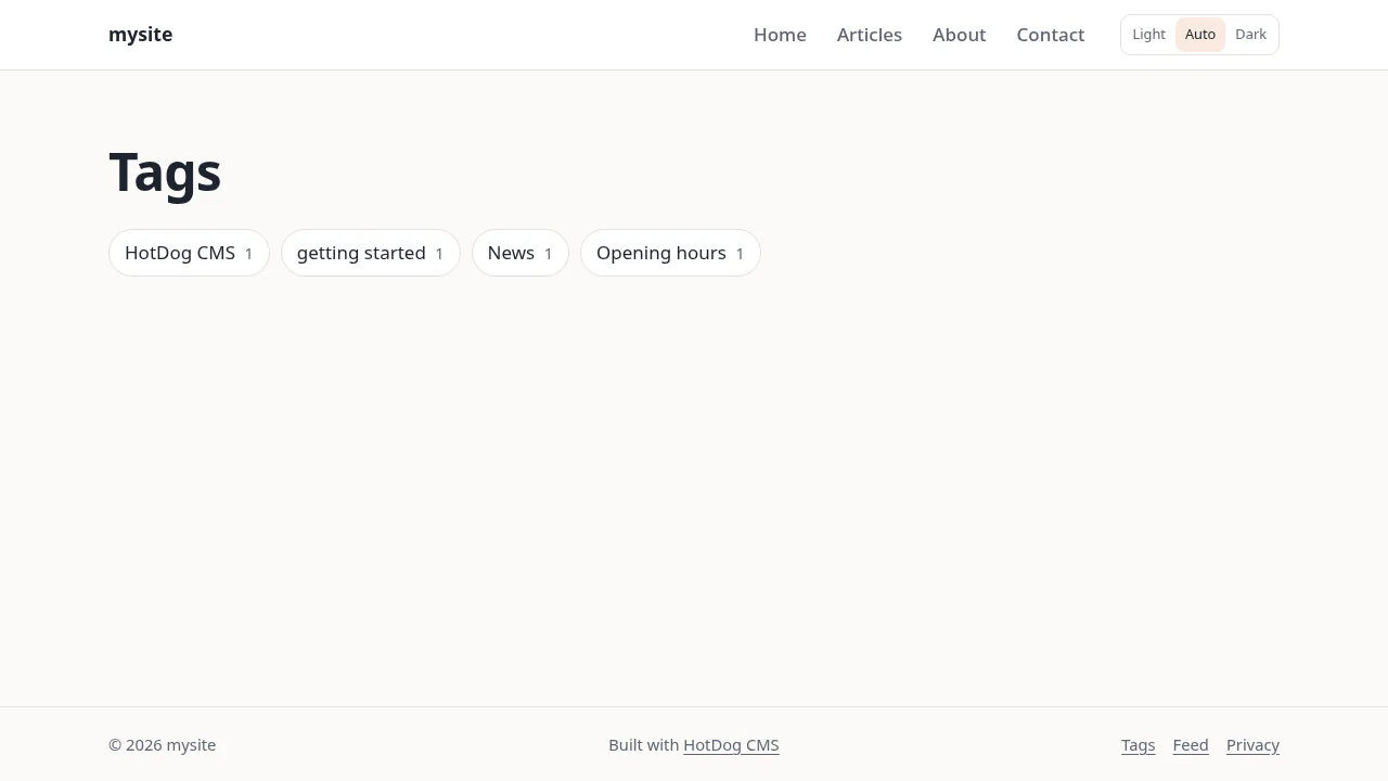 The tags page, listing every tag with how many articles have it