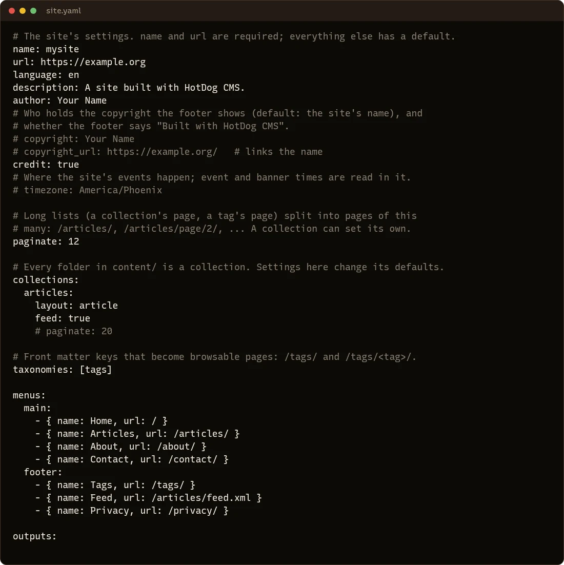 The top of site.yaml: name, url, language, description, author, copyright, credit, timezone, paginate and collections