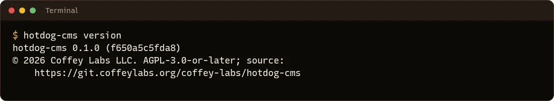hotdog-cms version: the version, the license and where the source code is