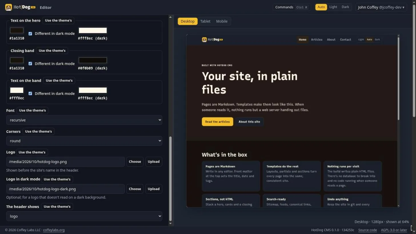 The logo fields in the Look panel, with the preview showing the HotDog logo in the header