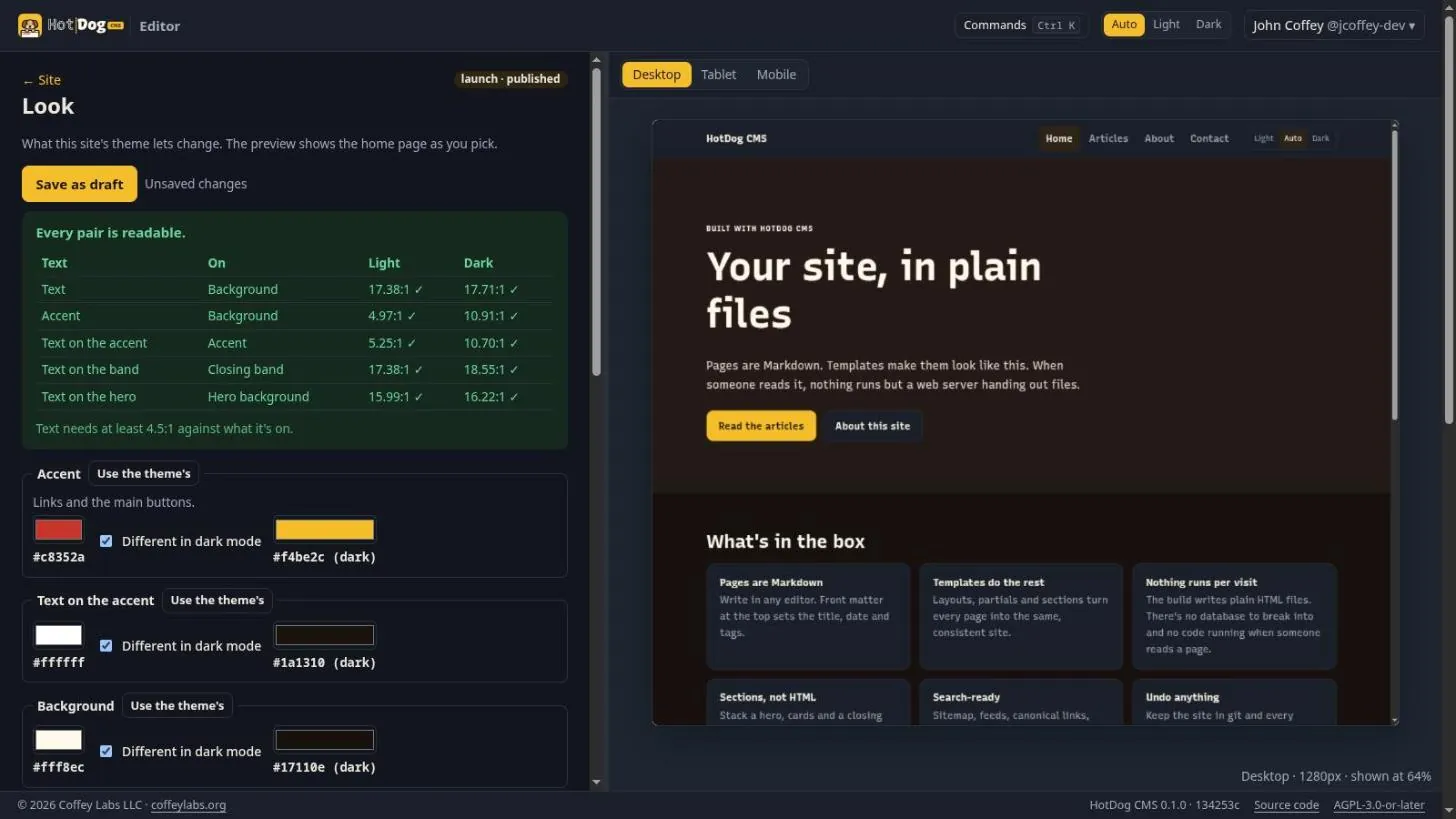 The Look panel: color choices on the left, a table of contrast checks, and a live preview of the home page on the right