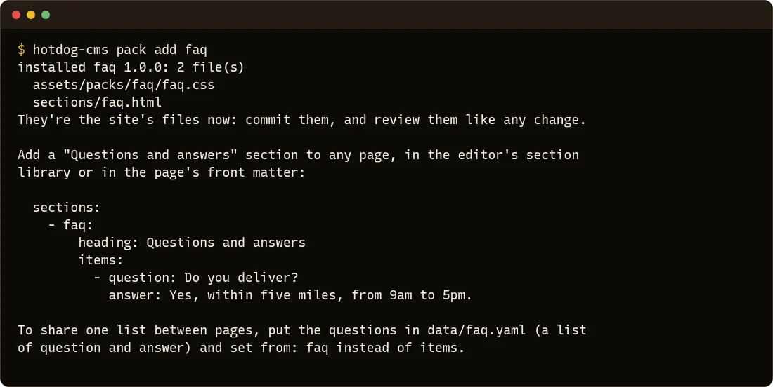 hotdog-cms pack add faq: two files installed, and how to use the section