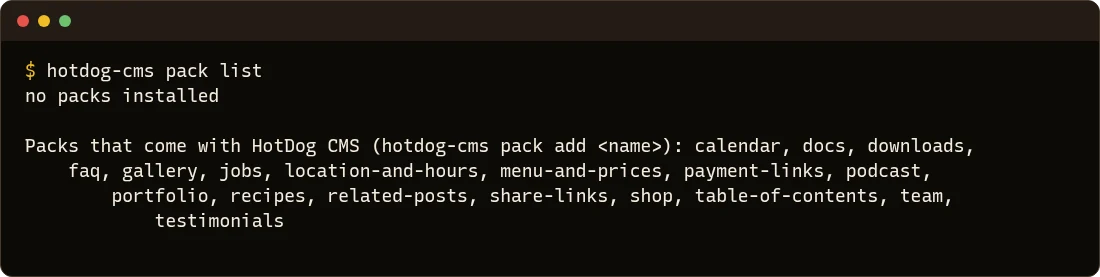 hotdog-cms pack list: no packs installed yet, and the eighteen that come with HotDog
