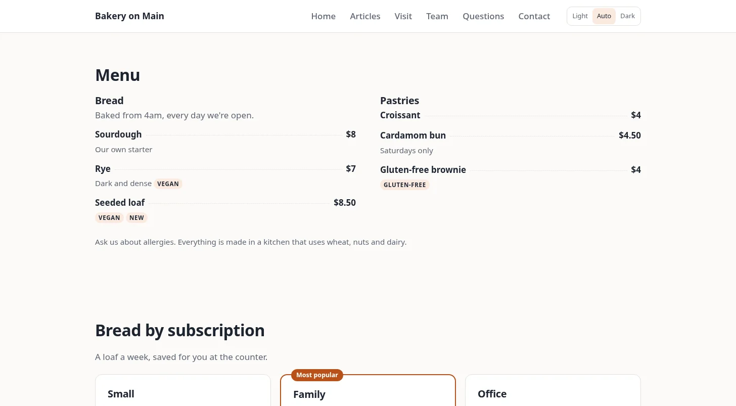 The menu-and-prices pack: a bakery's price list in groups