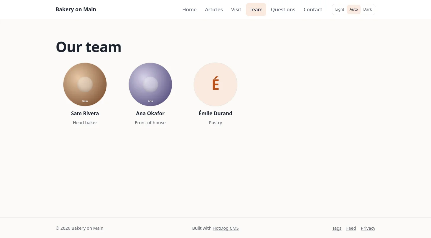 The team pack: three people, each with a photo or their initial, a name and a role