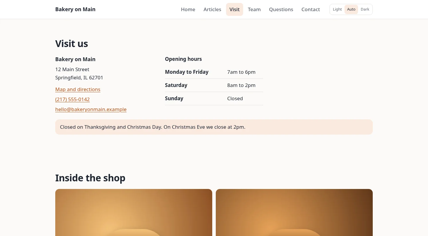 The location-and-hours pack: an address with a map link and the opening hours, with the gallery pack below it