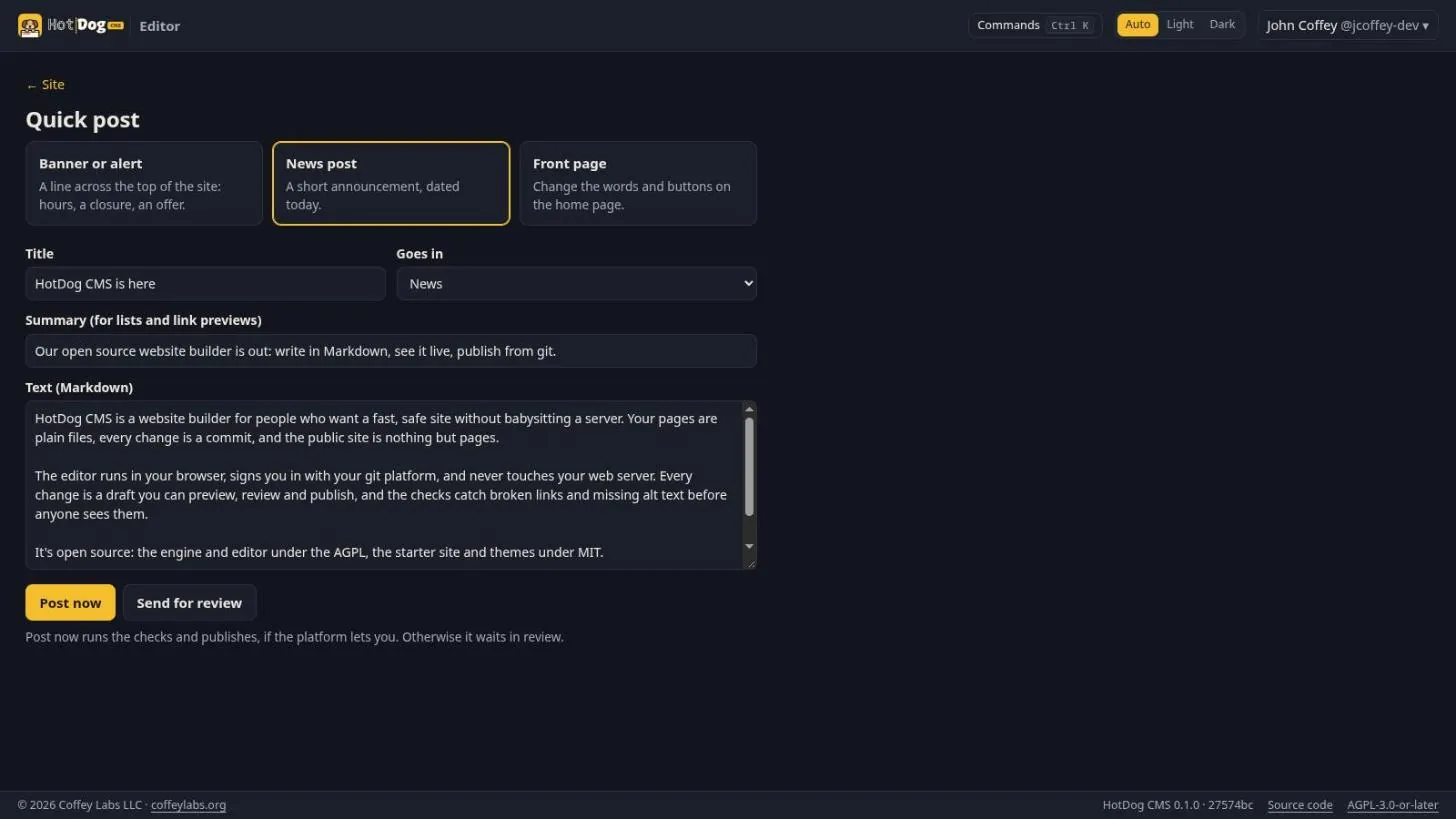 The Quick post screen with a news post filled in