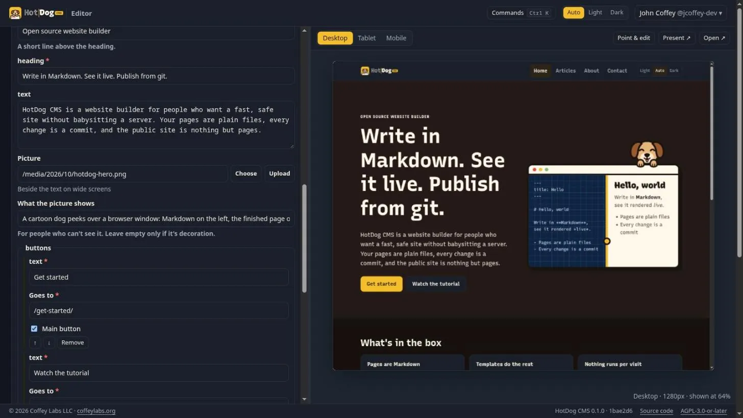 The hero section's form on the left, and the home page with its new heading and picture on the right