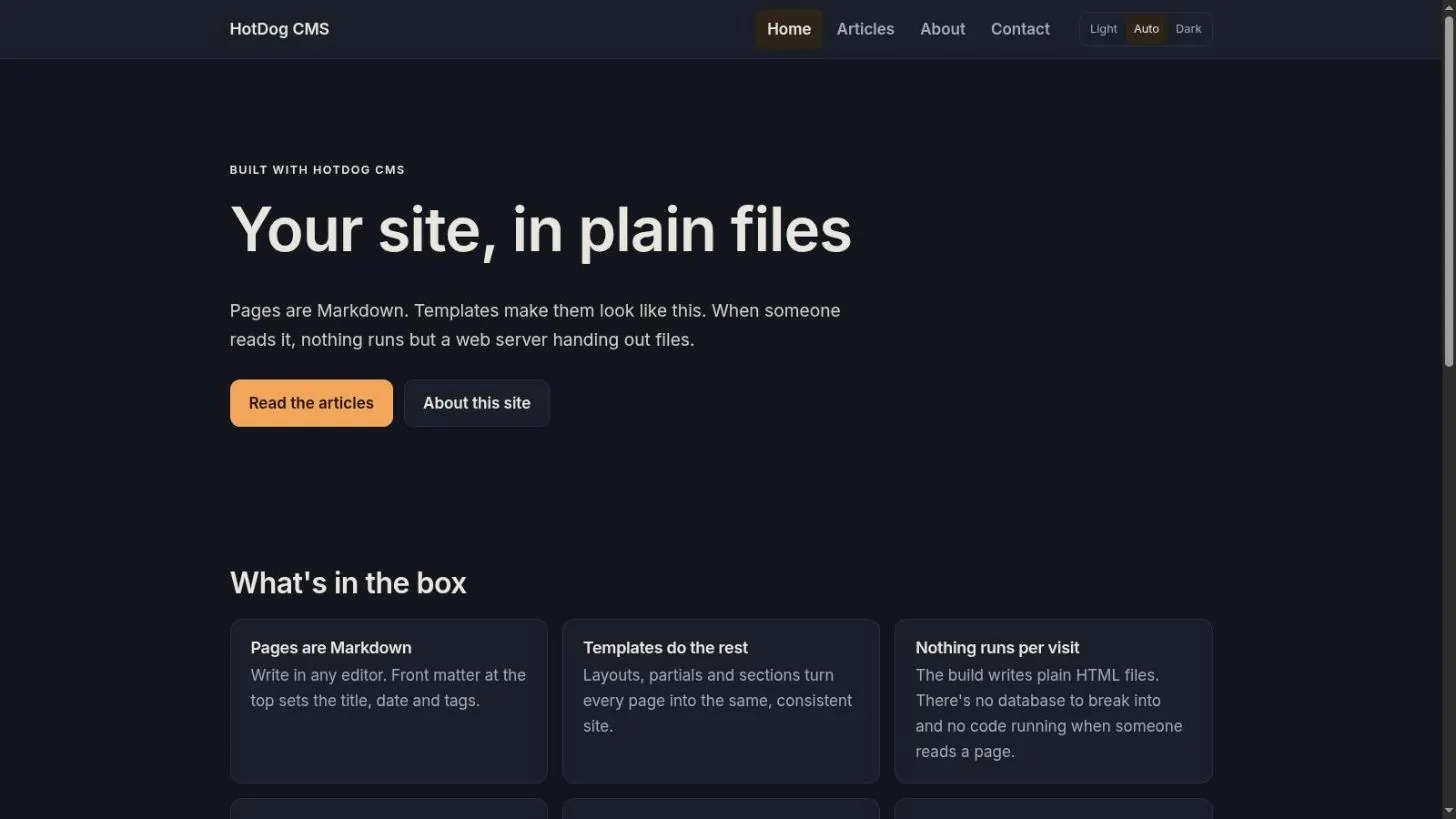 The starter site: a dark page with the heading "Your site, in plain files" and two buttons