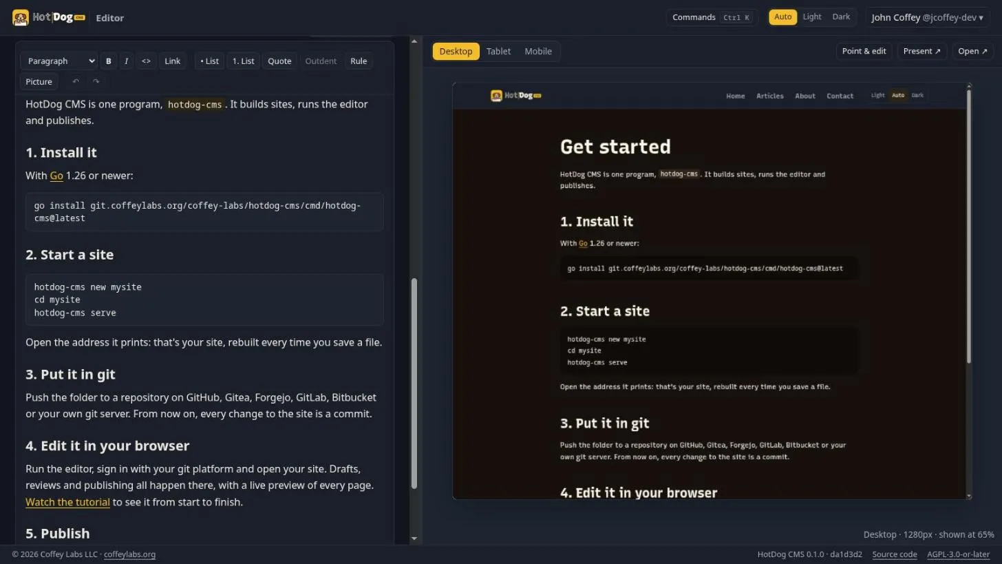 The Get started page in the visual editor, with the finished page in the preview