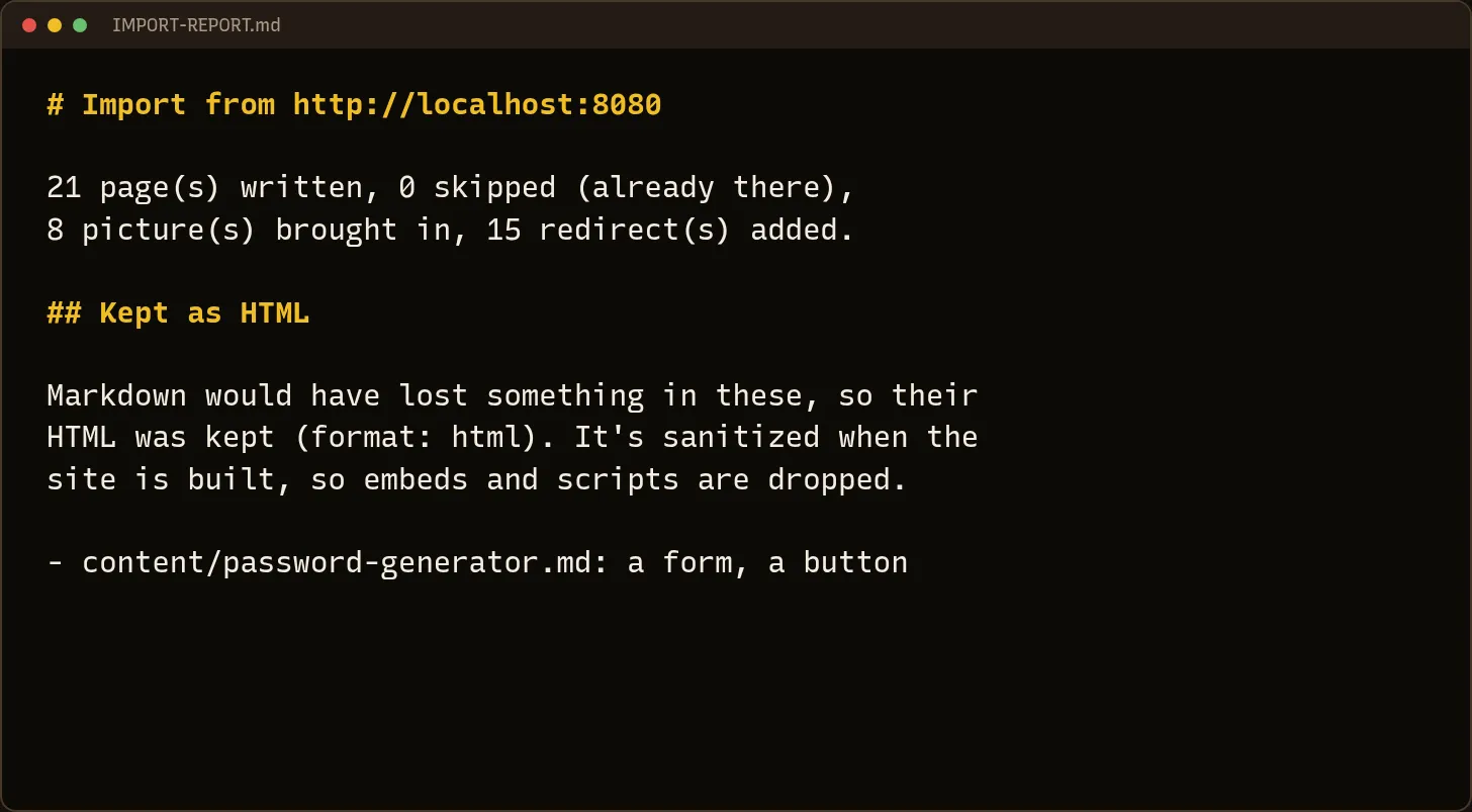 The import report: 21 pages written, 8 pictures, 15 redirects, and one page kept as HTML because it has a form