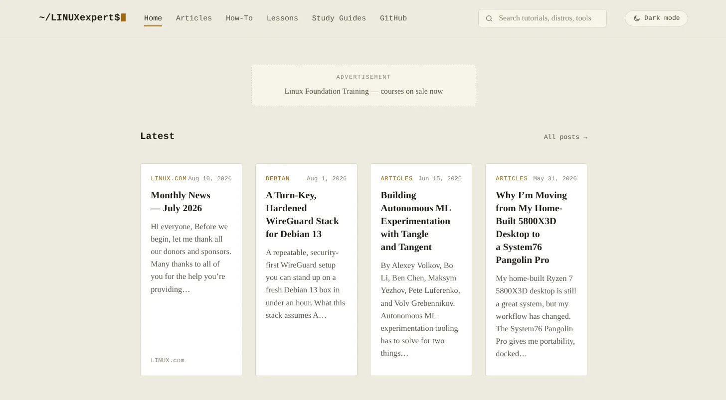 A WordPress site: a list of the latest articles under a search box and a dark mode switch